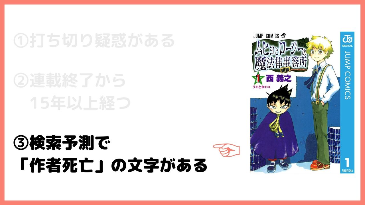 ③検索予測で「作者死亡」の文字がある